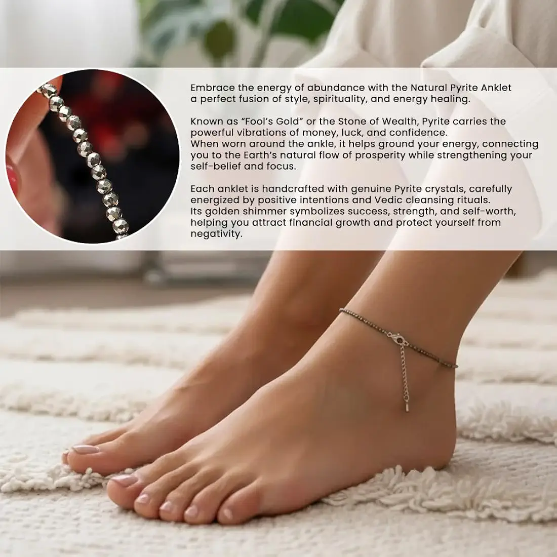 Pyrite Anklet for Women and Men, Natural Money Magnet Stone, Metallic Gold Crystal Beads, Prosperity Attracting Jewelry - Image 2