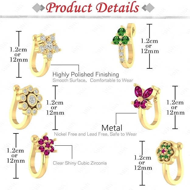 VAMA FASHIONS 6 Pcs 18K Gold Plated Anti Tarnish Clip on Nose pin without Hole Non Piercing Pressing Type Nose ring Stud for Women & Girls - Image 2