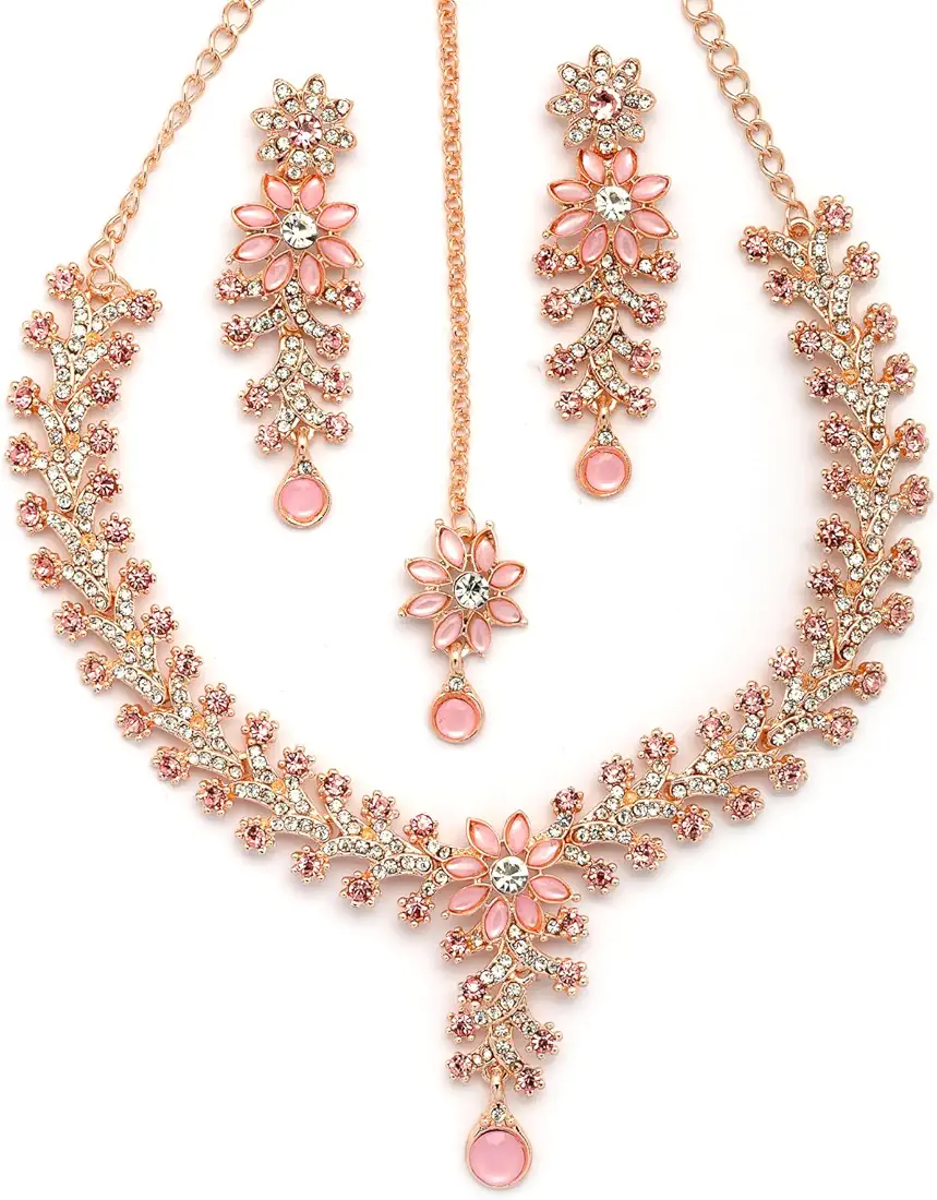 ukkhi Charming AD Diamonds Studded Floral Choker Necklace with Danlge Earrings Maangtikka Jewellery Set - Image 3